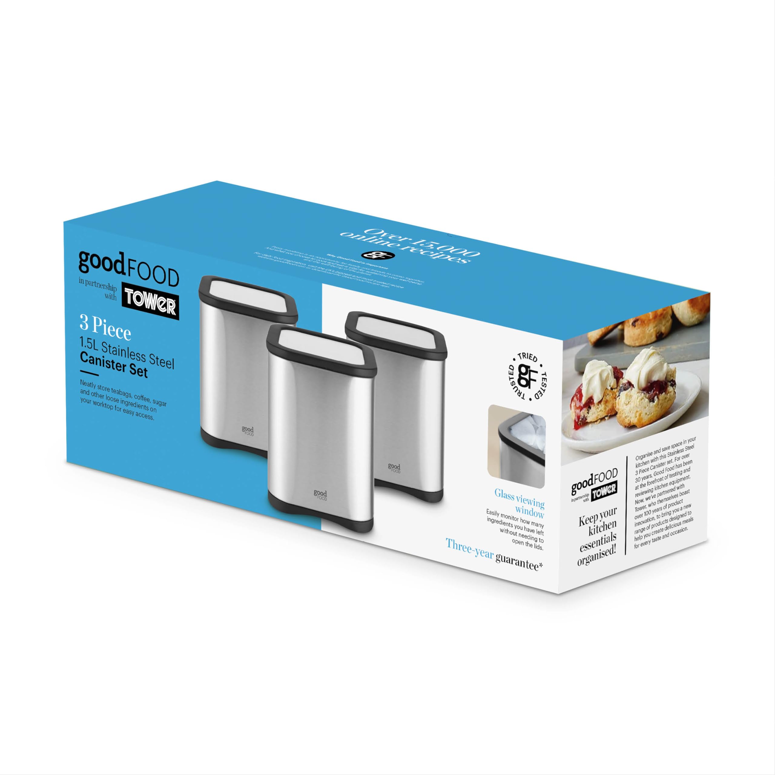 GF826190 Good Food in Partnership with Tower, Vorratsdosen für die Küche, für Tee, Kaffee, Zucker und andere lose Zutaten, mit Spiegel-Finish, 1,5 l, Edelstahl, 3 Stück