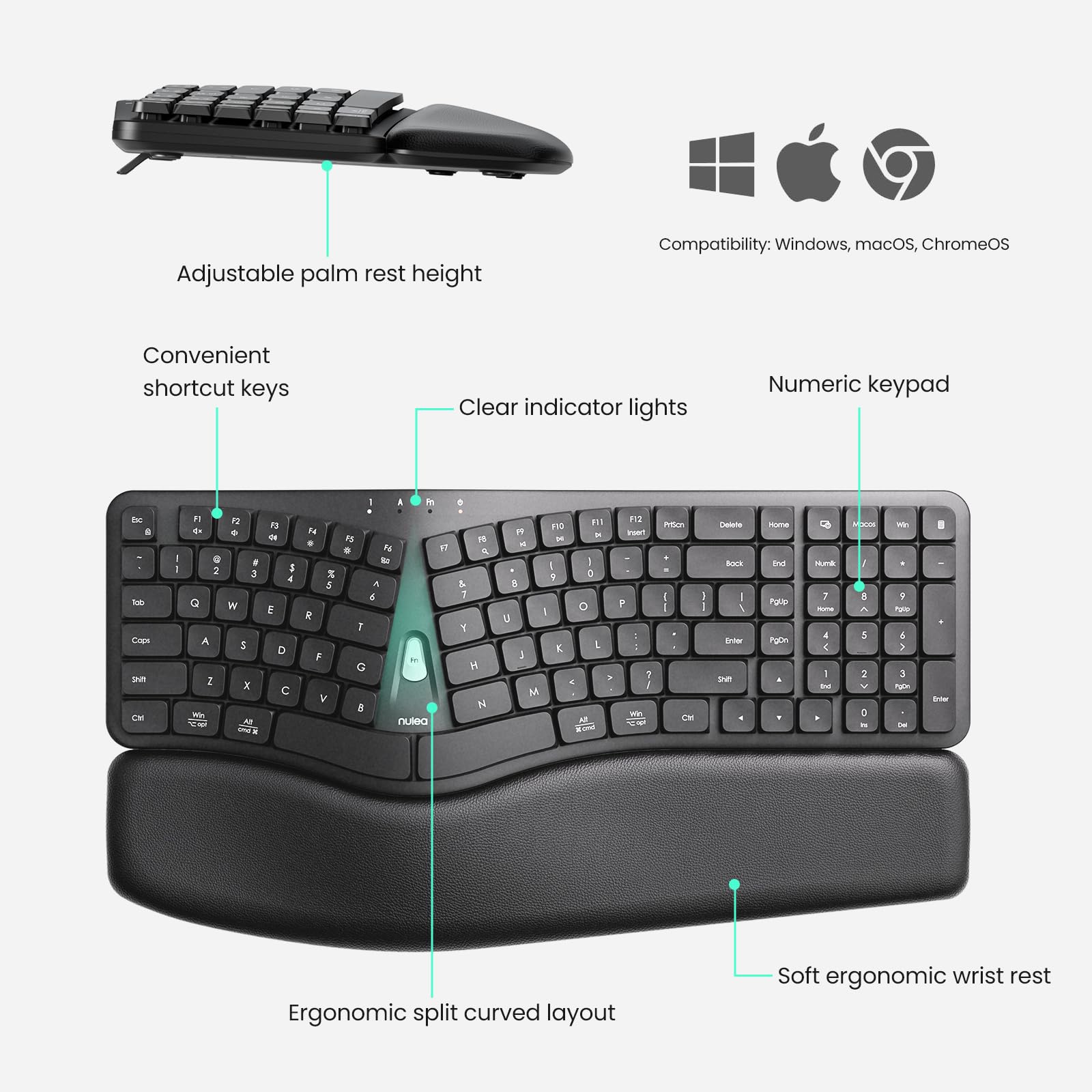 Nulea Ergonomic Split Keyboard, Wired Natural Typing Keyboard with Integrated Palm Rest for Wrist Pain Relief, 2-in-1 Type C&Type A Plug for Mac,Windows,Office & Home,Black — view 7