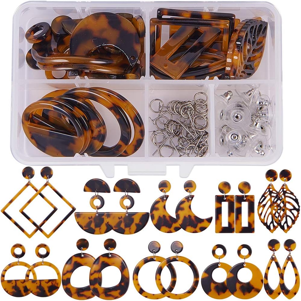 SUNNYCLUE 1 Box DIY 10 Pairs Round Square Moon Drop Mottled Acrylic Stud Earring Making Starter Kits Jewelry Arts Craft Supplies for Beginners Women, Goldenrod, Instruction