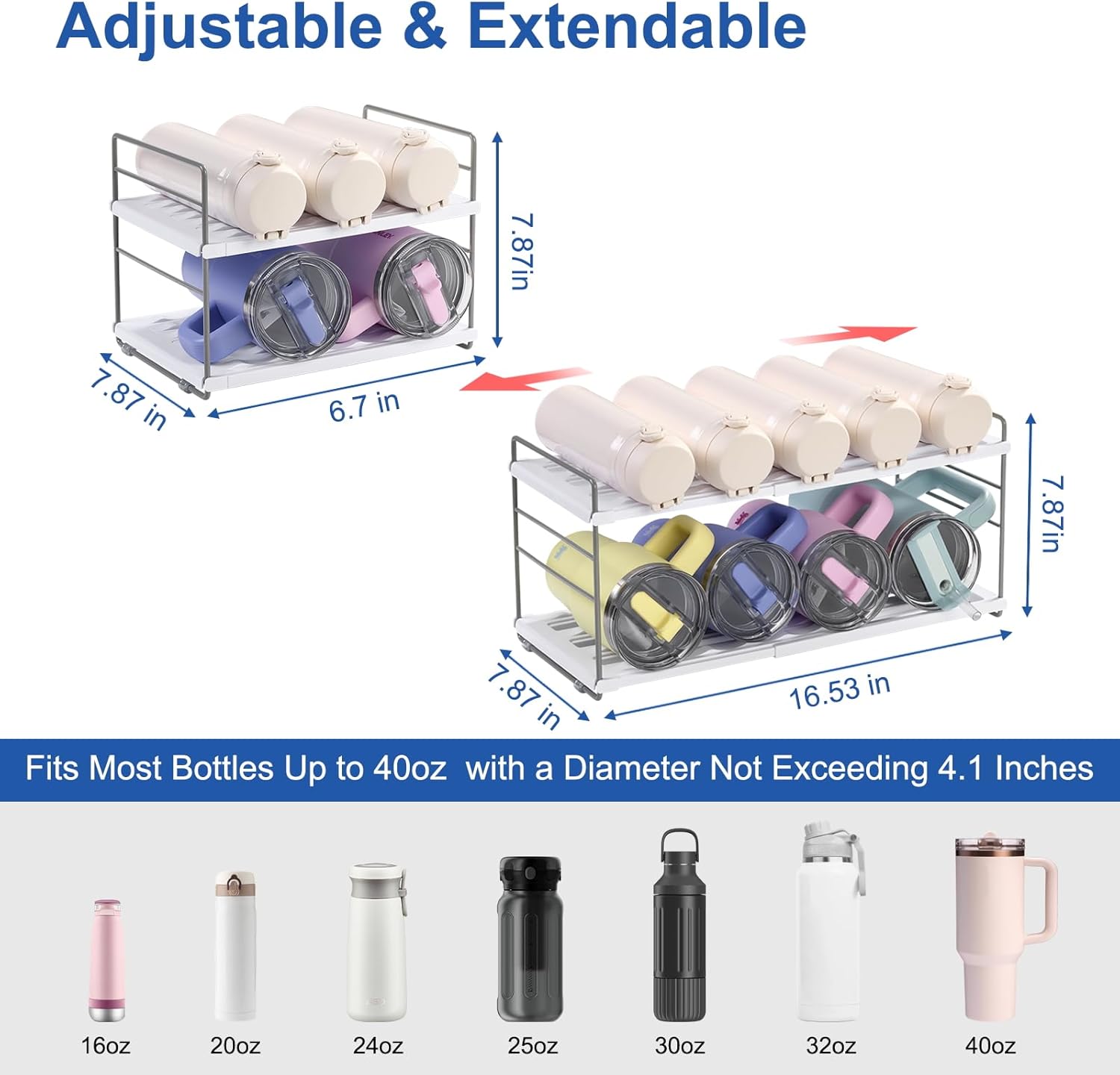 Water Bottle Organizer For Cabinet, Adjustable Tumbler Storage, Expandable 2 Tier Cup Organizer For Kitchen, Water Bottle Shelf Rack Holder For Pantry Countertop Fridge, White - Image 2