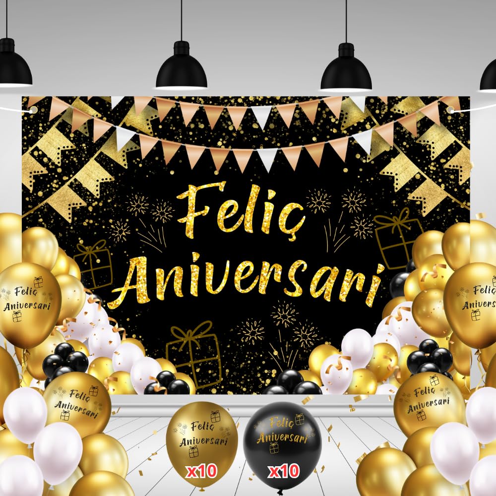 Pancarta Feliç Aniversari Català + 20 Globos | 110x180cm, Agujeros en las Esquinas y Cuerda de 6 Metros | Decoración Cumpleaños Feliz | Photocall Cumpleaños | Cartel Felic Aniversari