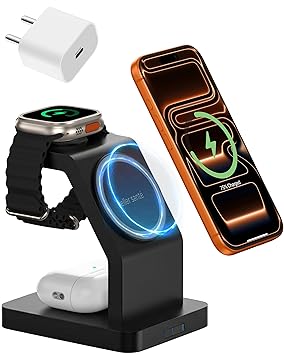 eller santé® Combo 3in1 23W Magnetic Mag-Safe Wireless Charger with 20W Fast Charger Adapter for iPhone 17/17 Air/17 Pro/17 Pro Max, 16/16 Plus/16 Pro/16 Pro Max, 15/14/13/12, Airpods, iWatch- Black