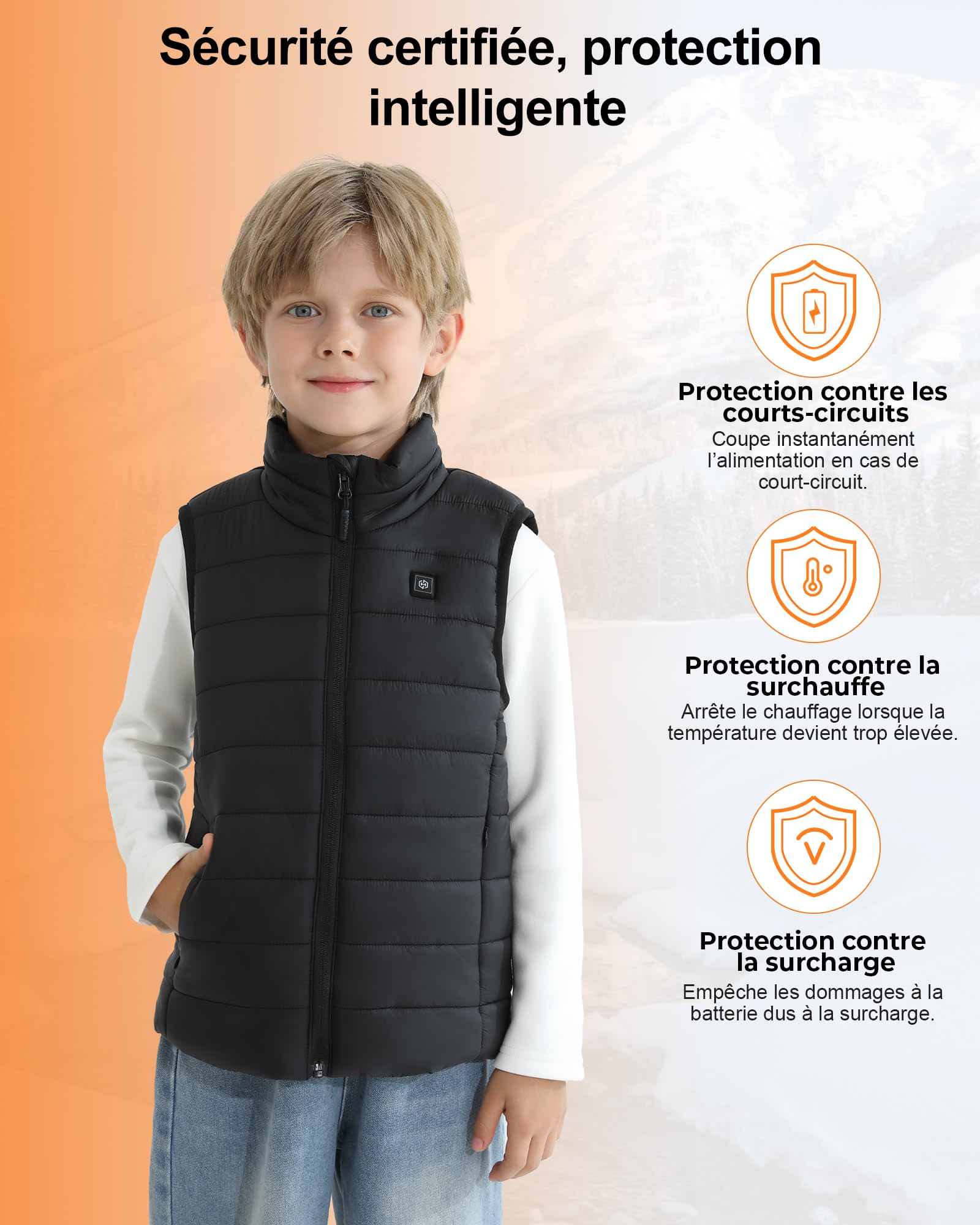 Gilet Chauffant Enfant Avec Batterie Incluse 12000mAh 7.4V, Électrique Veste Chauffante Enfant Avec 5 Zones De Chauffage, Gilet Chauffant Pour Garçons Et Filles Pour Plein Air Sports Hiver -XL