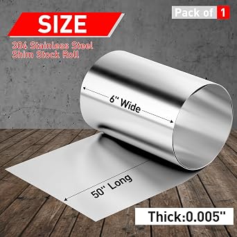 Stainless Steel Shim Stock, 304 Stainless Steel Foil Plate Thin Metal Sheet Strip Shim Roll for Crafts, Electronic Equipment, Full Hard Temper, 50 Long x 6 Wide x 0.005 Thick