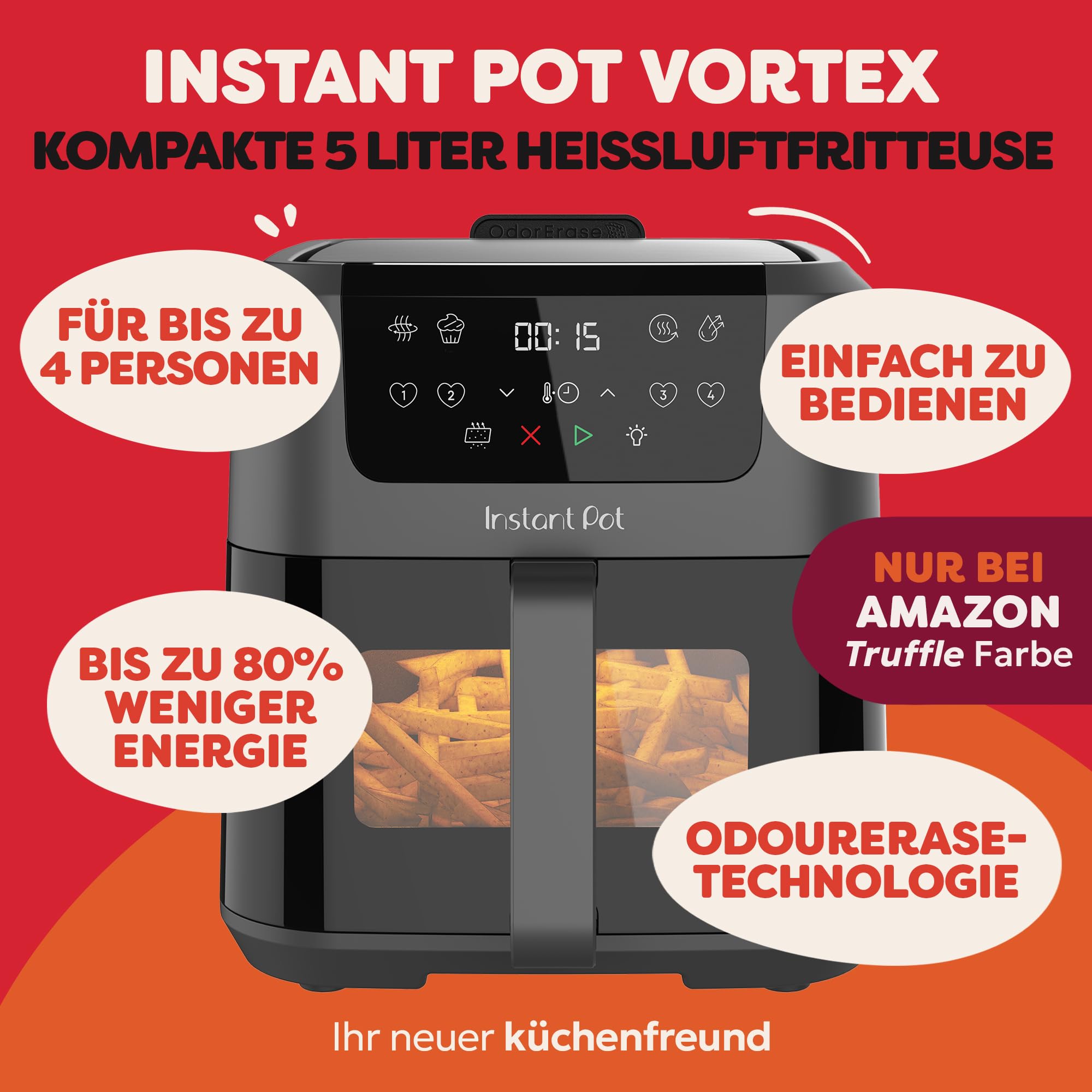Instant Pot Vortex Compact Truffle frytkownica na gorące powietrze kosz o pojemności 5 l, rozmiar rodzinny, 4 w 1 smażenie na gorącym powietrzu, suszenie, pieczenie, podgrzewanie