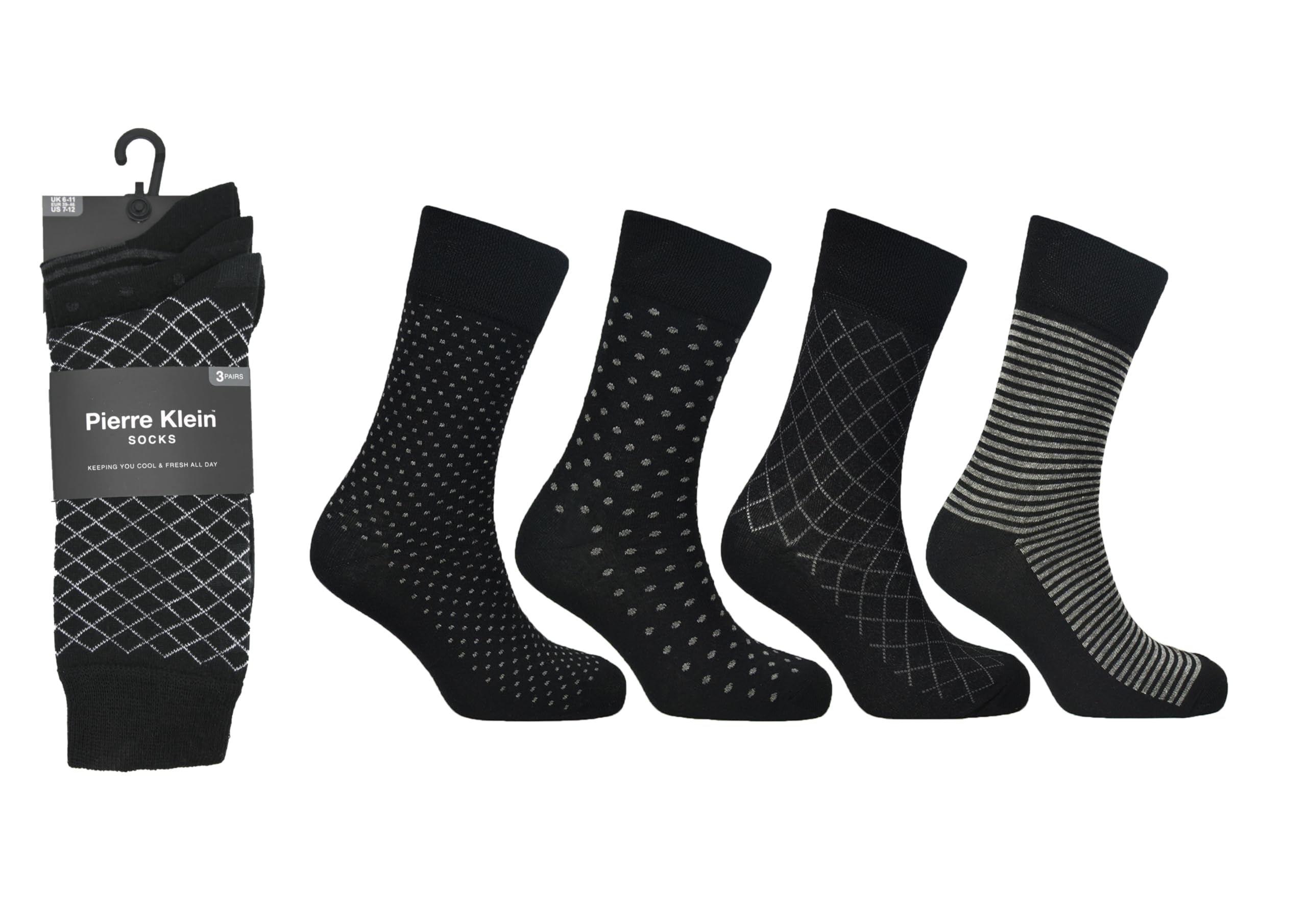 Pierre Klein Men's Assorted 6-Pairs Black Mix Socks - Smart Dress Look - Suitable For Work And Casual Wear - Cotton Rich, Breathable And Durable - Uk 6-11 (Eur 39-46) - Black Mixed Designs