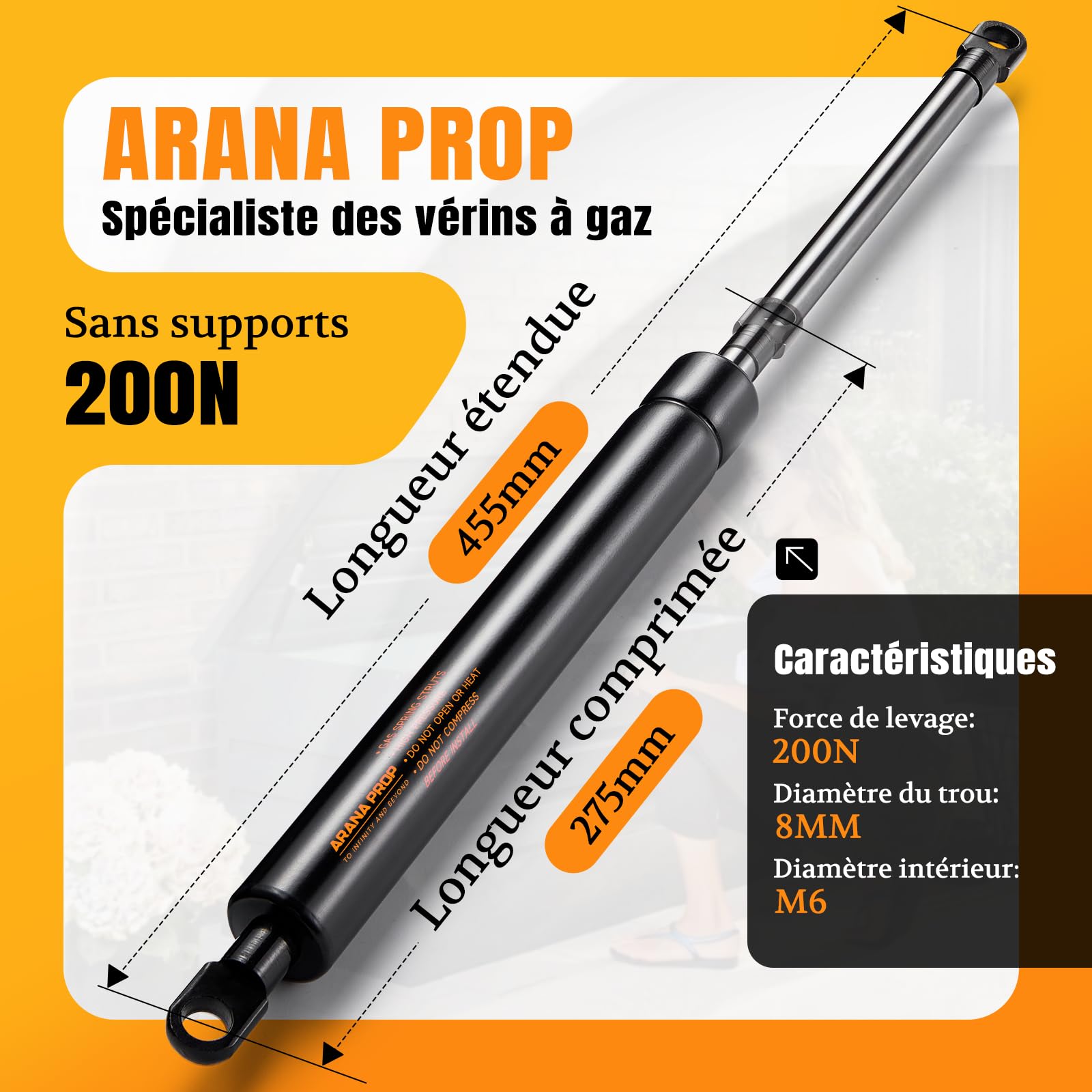 2X Vérin à Gaz 455mm 200N/20kg, Vérin Hydraulique à Oeillet avec,ressort à gaz pour Lit Coffre, Meuble TV, Coffre Jardin, Caravane, Trappe de Toit M8