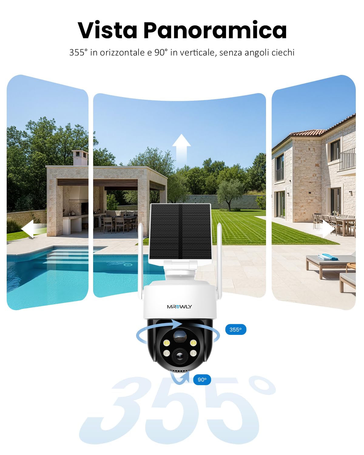 2K Telecamera WiFi Esterno Senza Fili Solare, Installazione Flessibile Videocamera Sorveglianza Esterno con Batteria, 3MP Visione Notturna a Colori, 360° PTZ, Rilevamento PIR, 2.4GHz, IP65