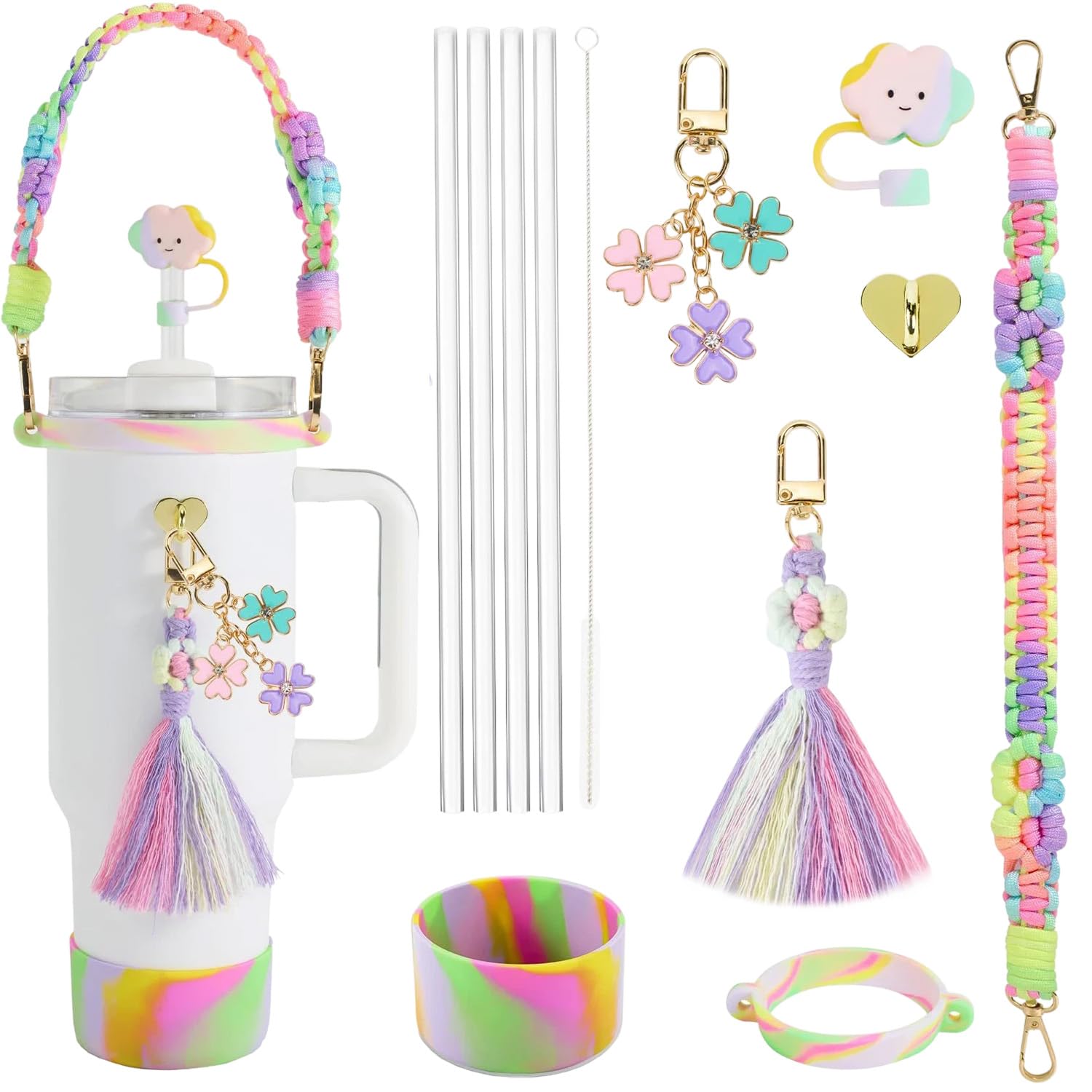 12 Pcs Stanley Cup Accessories Set, Water Bottle Handle Strap, Stanley Straw Cover, Stanley Cup Boot, Stanley Charms for Stanley Cup 30oz & 40 oz Tumbler (Colorful)