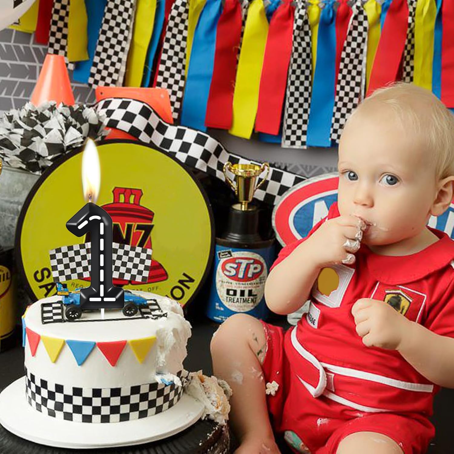 Racing Cars Themed Birthday Candles for Cake, Black and White Stripes Candle, Number 16 Candle Happy Birthday Cake Topper for Boys Girls Racing Car Birthday Party Decorations Supplies Gifts