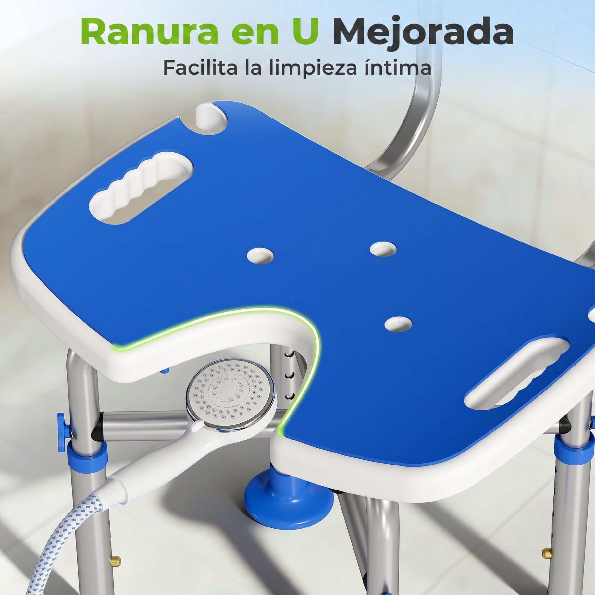 HOMCOM Silla Ducha Personas Mayores con Respaldo Antideslizante 150 kg | Altura Ajustable en 5 Posiciones, Soporte para Alcachofa, para Ancianos y Discapacitados