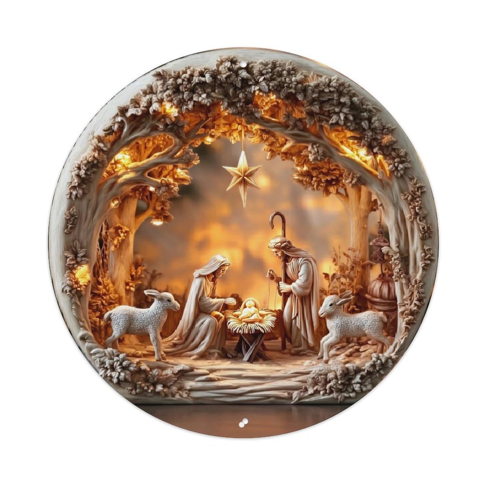 Christmas Nativity Scene Ornament Retro Metal Sign Round Tin Sign, Vintage Decor Art Poster for Bar, Home, Man Cave, Kitchen, Laundry Room Gift 8x8Inch