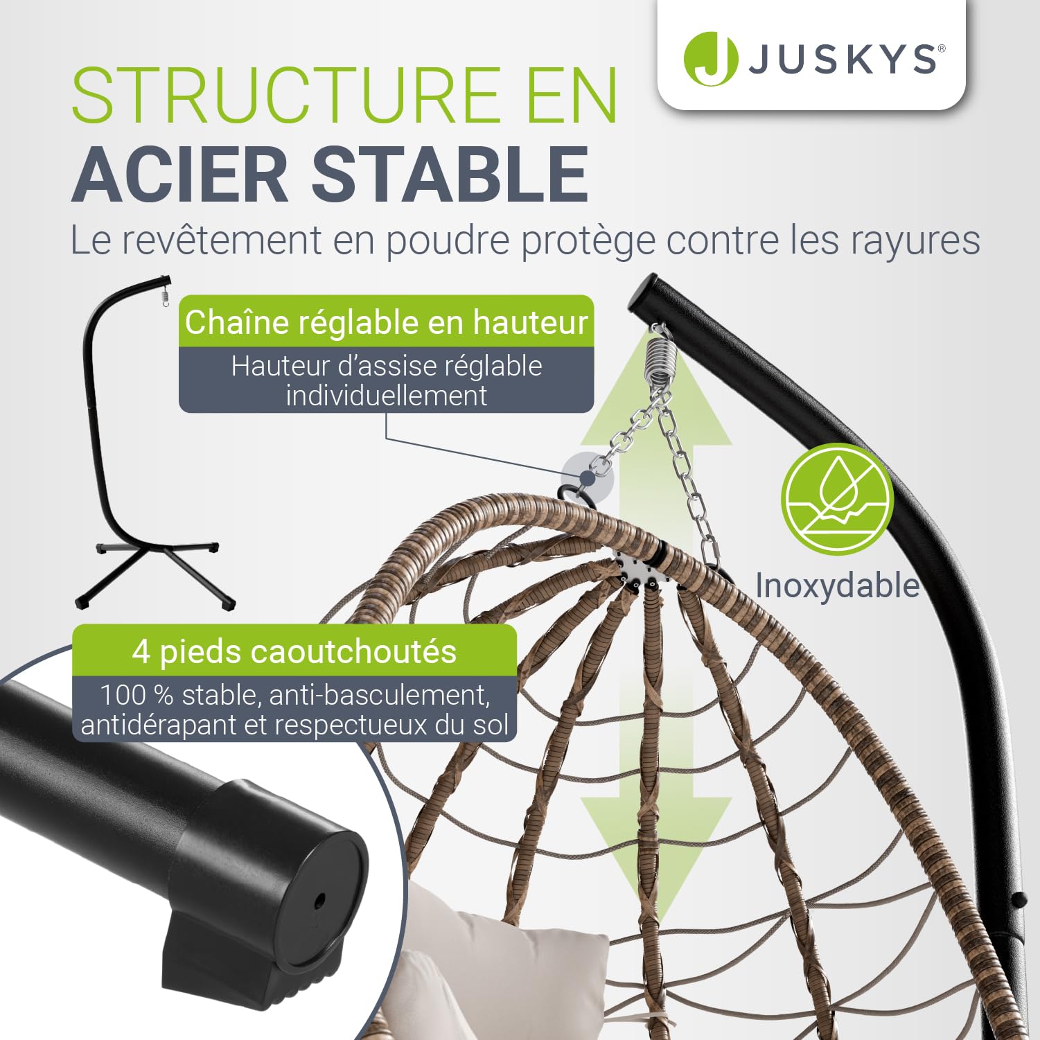 Juskys Fauteuil Suspendu Aria avec Coussin - réglable en Hauteur et Pliable - Balancelle en rotin synthétique pour l'extérieur et l'intérieur - Siège en Osier Beige jusqu'à 130 kg