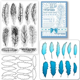 GLOBLELAND Feathers Silicone Clear Stamps Peacock Feathers Cutting Die Birds Feathers PET Paint Craft Stencils Template for Card Making and DIY Embossing Scrapbooking Craft Decor