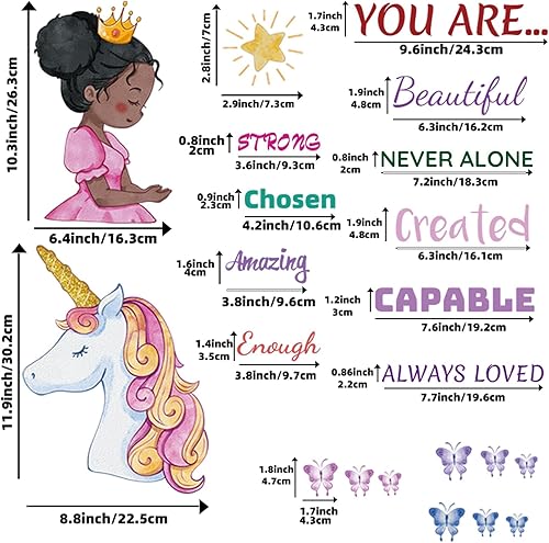 Miniatura 6 de Suplante - Calcomanía de pared de niña negra y unicornio, diseño de princesa afroamericana con texto positivo, para dormitorio de niñas, decoración