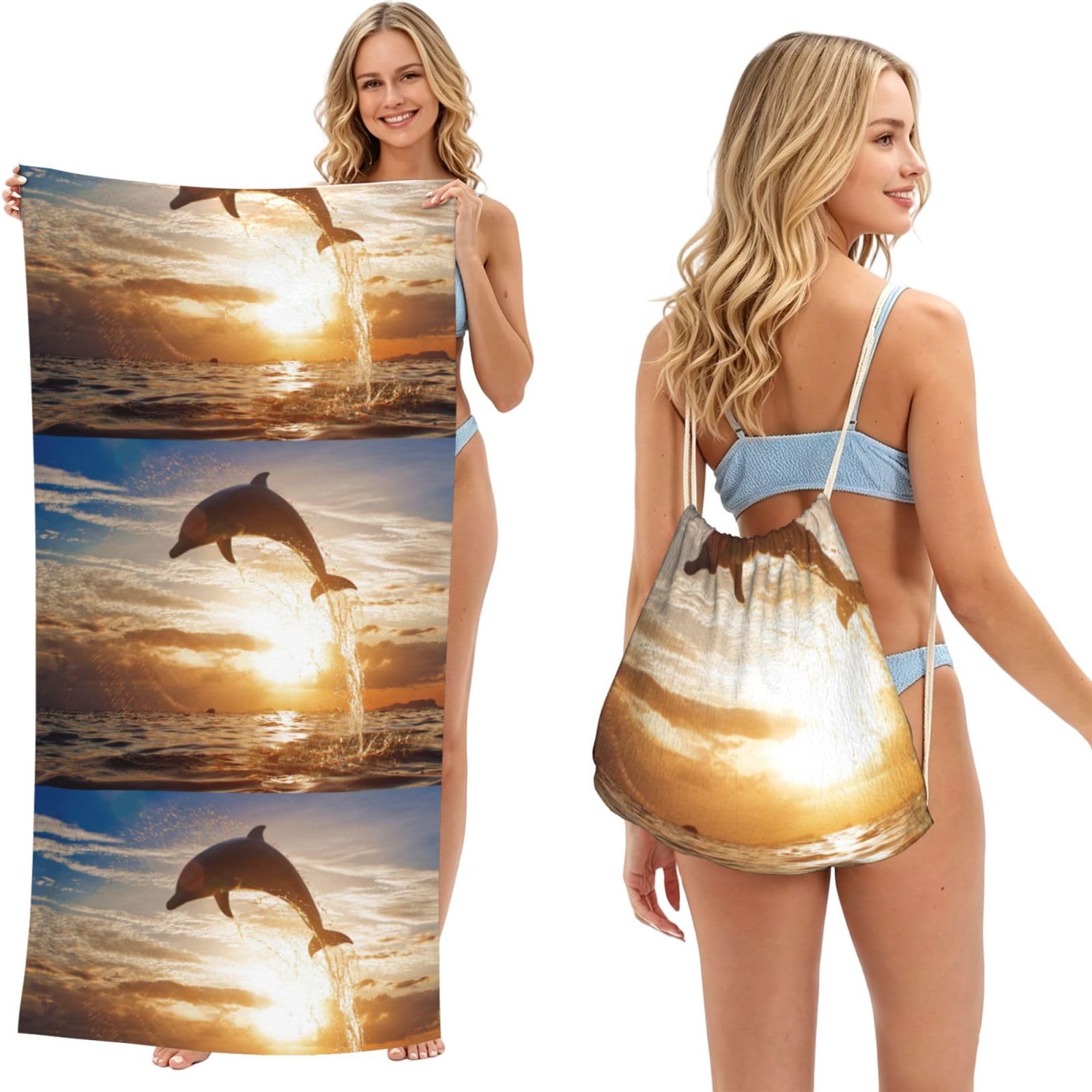 Poadnly As Picture Dolphin Jumping From Shining Water, 2 In 1 Packable Towel Bag, Beach Towels With Drawstring Backpack For Travel Holiday Camping
