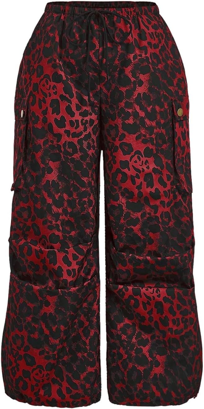 SOLY HUX Women's Plus Size Leopard Cargo Pants Y2k Cheetah Print Drawstring High Waisted Baggy Wide Leg Parachute Pants
