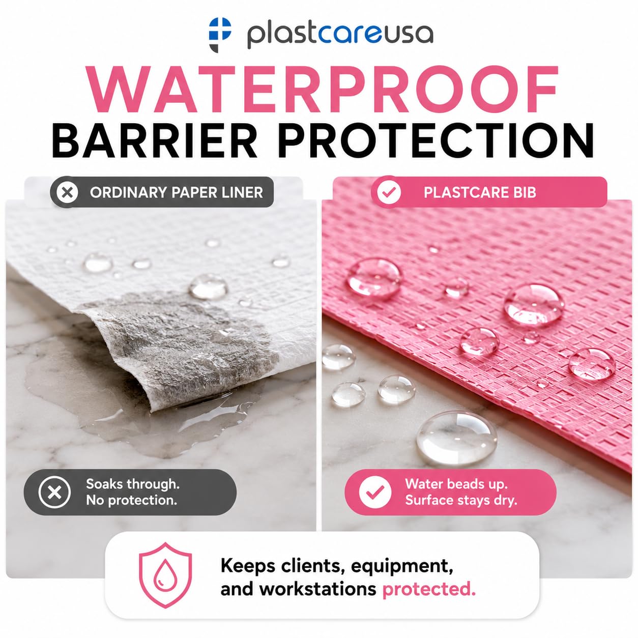 PlastCare USA Pink Disposable Dental Bibs 13"x18" - 3 Ply Waterproof Tattoo Bib Sheet for Patients - Dentist or Medical Tray Cover and Nail Table Cover Supplies