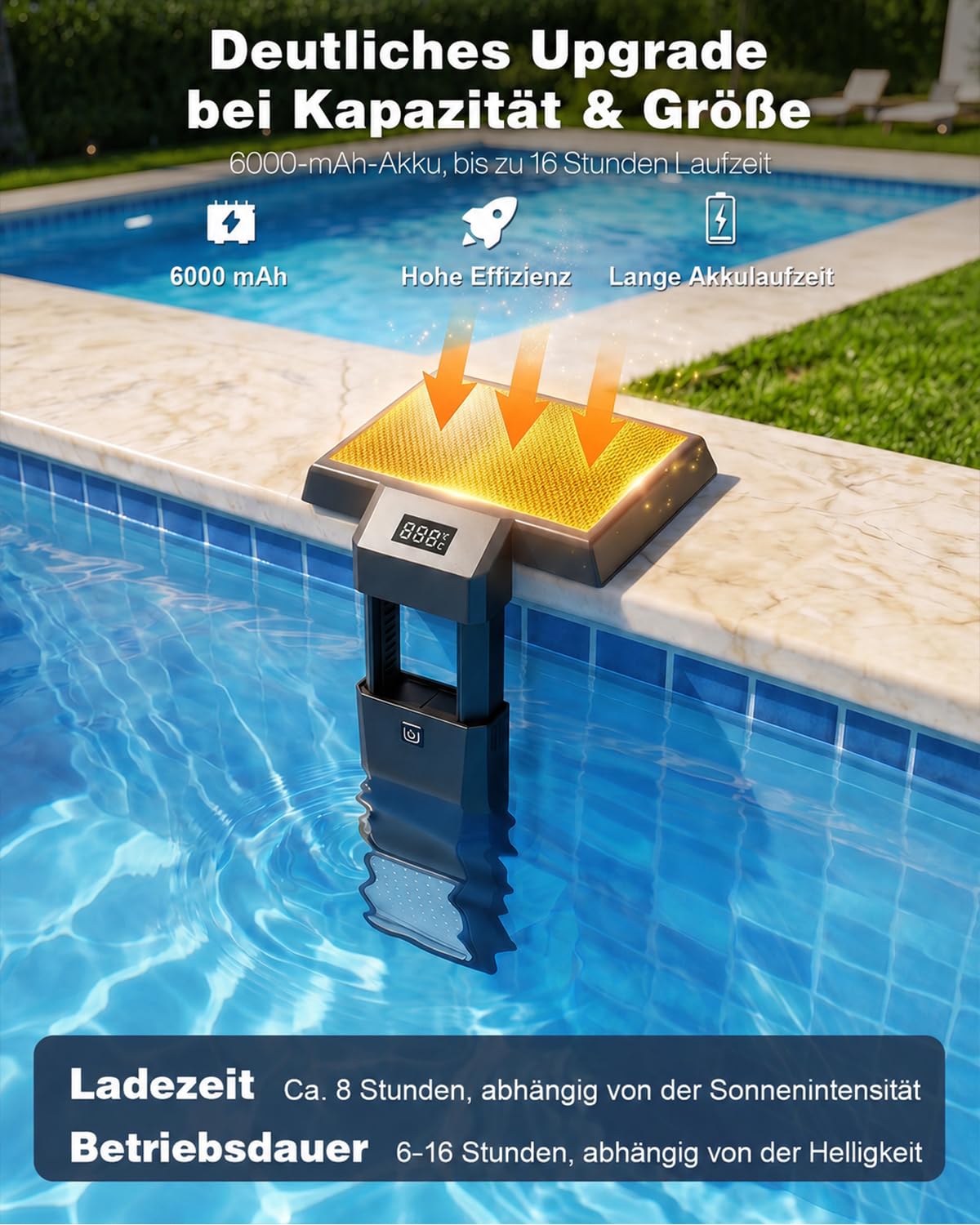 Teleskopierbar Poolbeleuchtung Solar mit Poolthermometer | RGB-Farbe, Einstellbare Helligkeit, Mit Fernbedienung, Unterwasser, Für verschiedene Poolarten