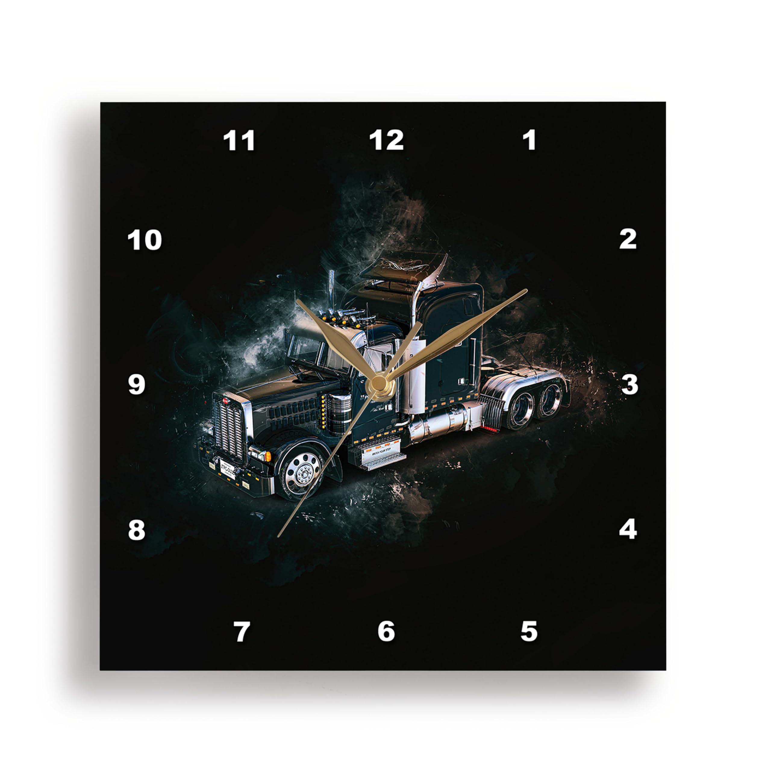 3dRose Wall Clock Silent - 13 inch - A Black semi Tractor Trailer Truck Finished in a Distinctive Illustration Style - Graphics Trucking