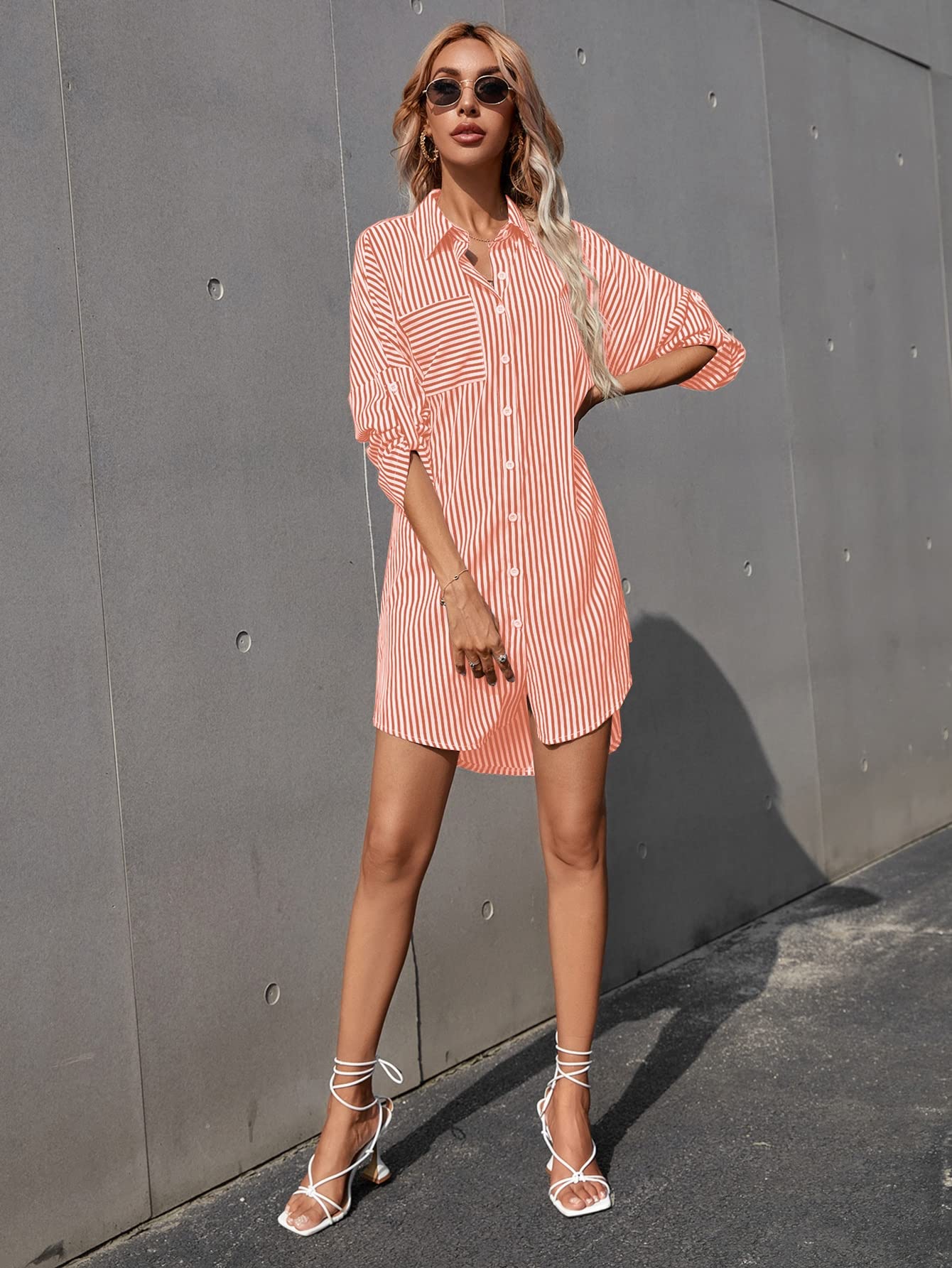 Women's Dresses Striped Roll Up Sleeve Shirt Dress Dress for Women (Color : Coral Orange, Size : Small) : Clothing, Shoes & Jewelry