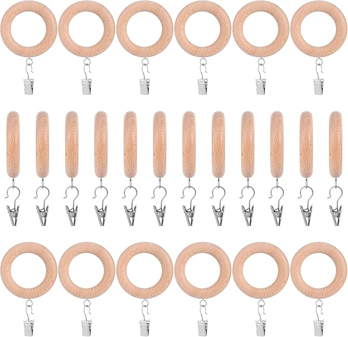 Amazon.com: 24 Pack Wooden Curtain Rod Rings with Drapery Clips ...