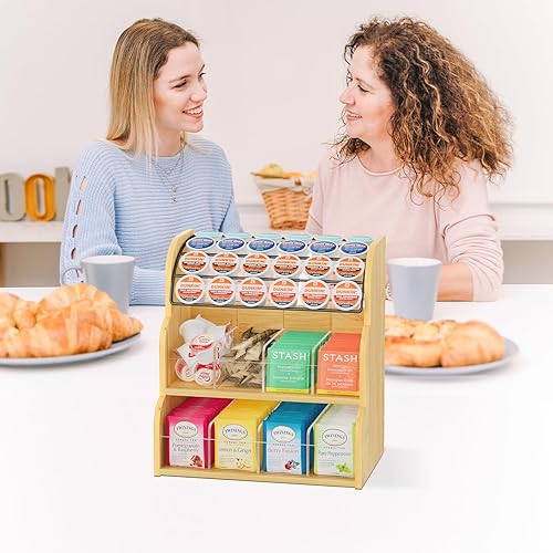 Miniatura 7 de LASZOLA Organizador de bolsas de té de bambú con soporte de cápsulas de café de metal, caja de almacenamiento de bolsa de té, estante dispensador