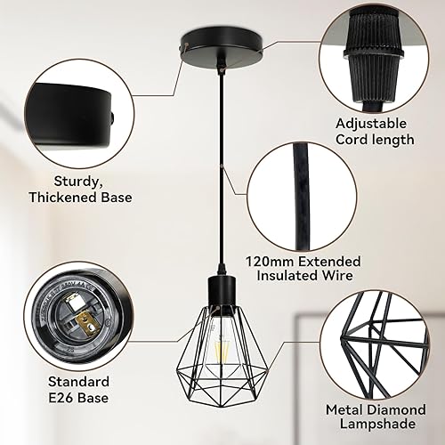 Miniatura 4 de Luces colgantes negras para isla de cocina, iluminación colgante de metal E26, lámparas modernas con cable de 3.9 ft para entrada, comedor, pasillo,