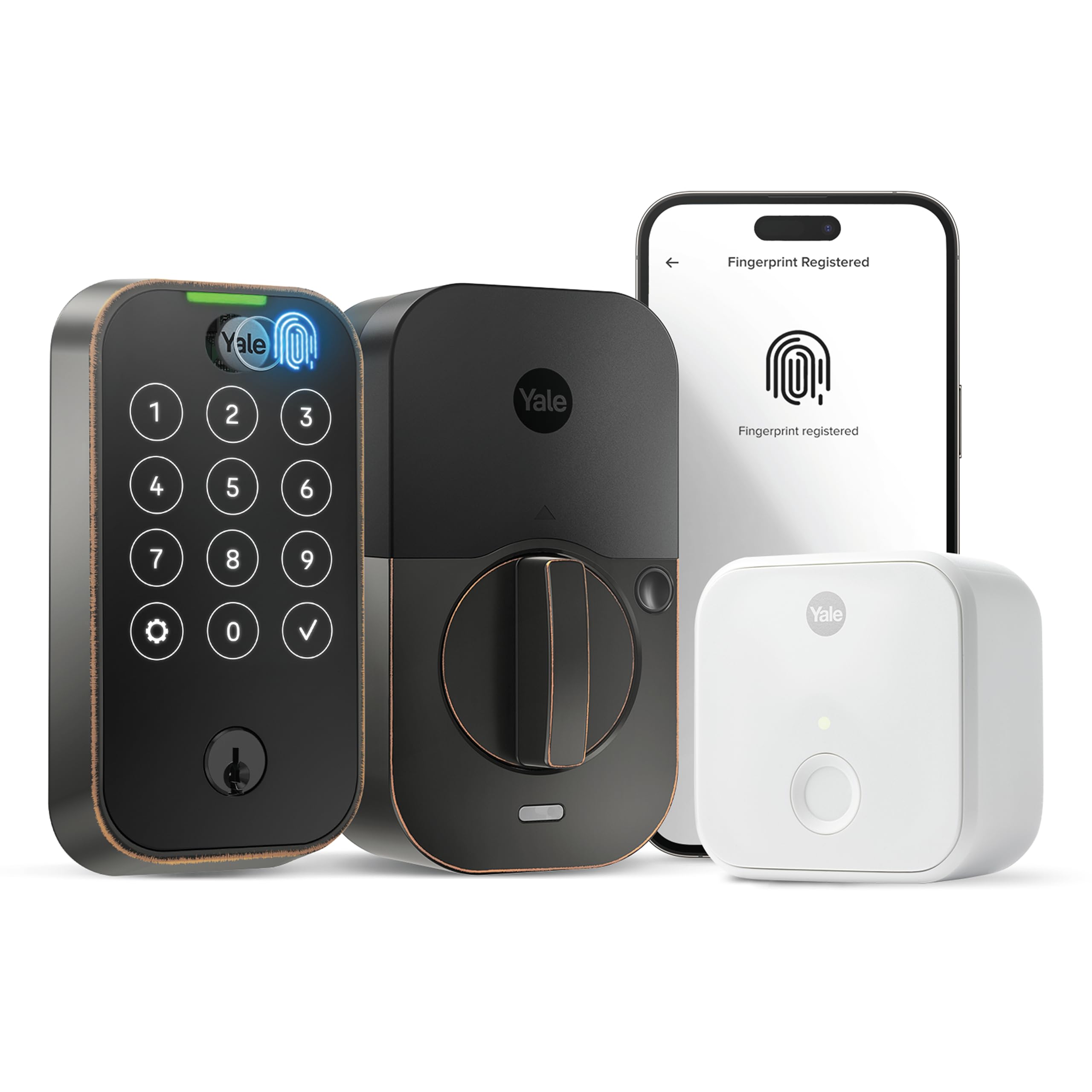Yale Assure Lock YRD420-F-CB1-0BP Pêne dormant à 2 touches, serrure de porte d'entrée intelligente à clé en bronze huilé avec clavier tactile connecté Wi-Fi et scanner d'empreintes digitales pour les