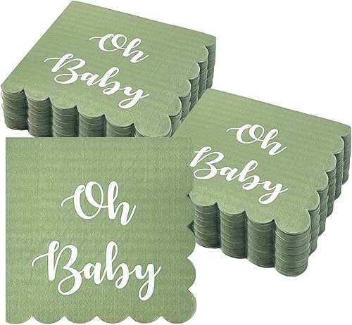 Oh Baby - 120 servilletas de cóctel color verde salvia, con borde festoneado, servilletas de papel verde salvia, desechables para decoración de baby