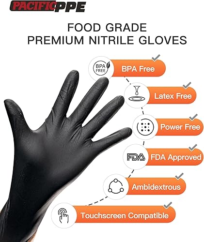 Miniatura 2 de PACIFIC PPE Guantes desechables de nitrilo negro de 6 mil, seguros para alimentos, sin polvo, sin látex, limpieza, cocina y kichten, talla M
