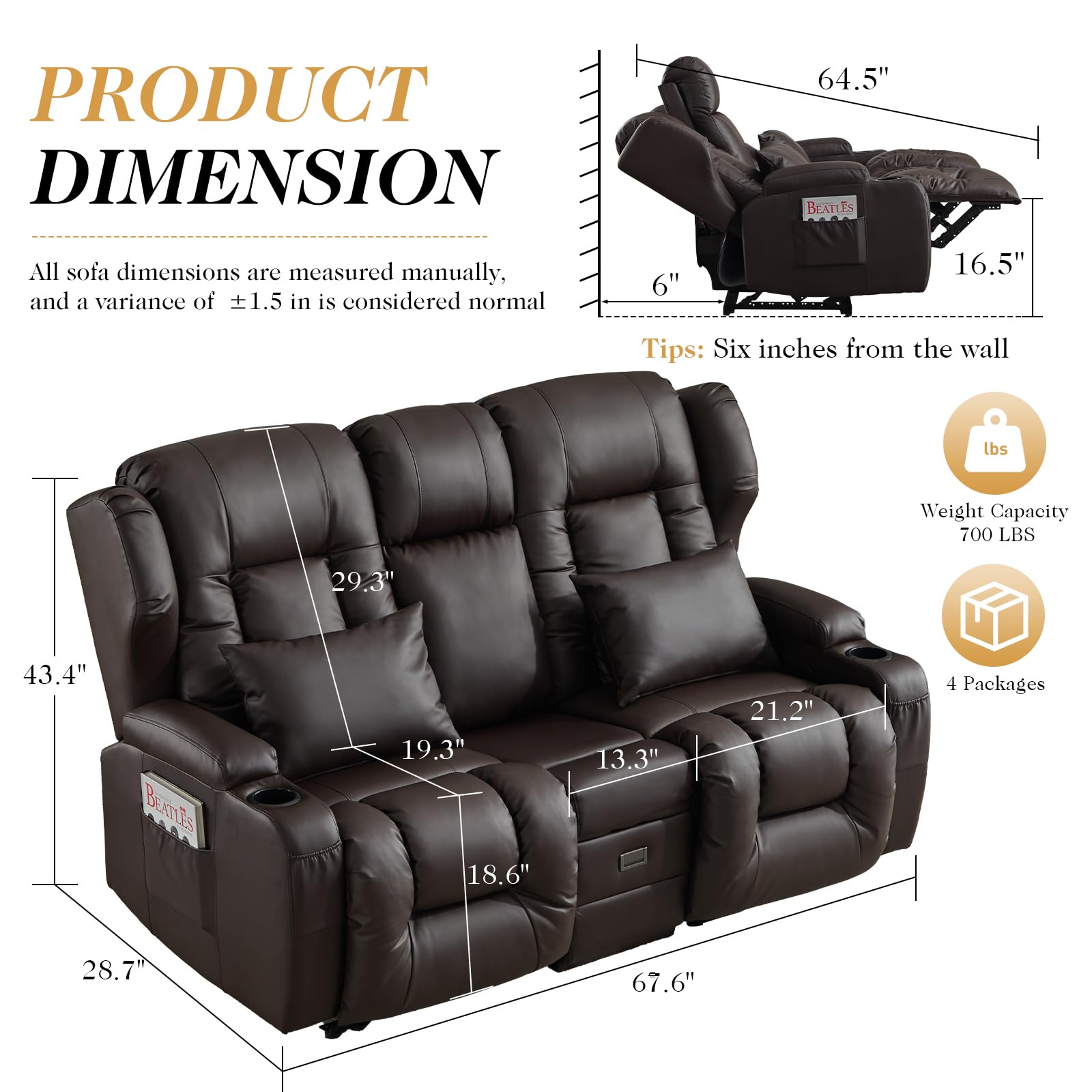 Kinosessel 2-Sitzer manuell, Relaxsessel mit Liegefunktion & Getränkehalter, Doppel-Fernsehsessel Relaxsofa verstellbar mit Klappkonsole, Heimkino Sofa Zweisitzer für Wohnzimmer, Kunstleder