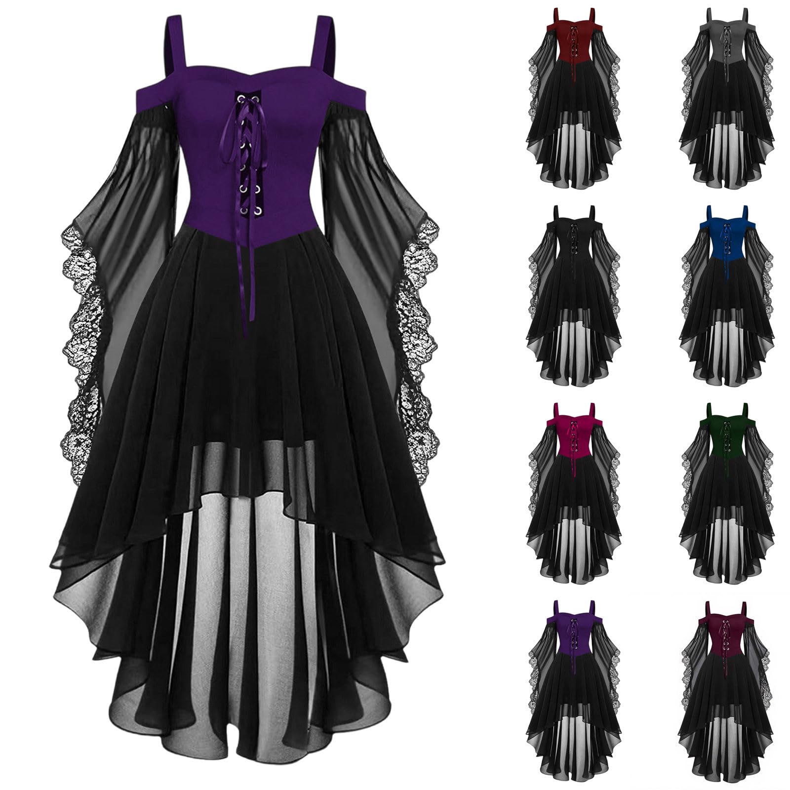 HAOLEI Medieval Costume Women, Halloween Dresses Vintage Lace Renaissance Victorian Dress Cold Shoulder Butterfly Sleeve Retro Steampunk Rockabilly Goth 80s Dress Ladies