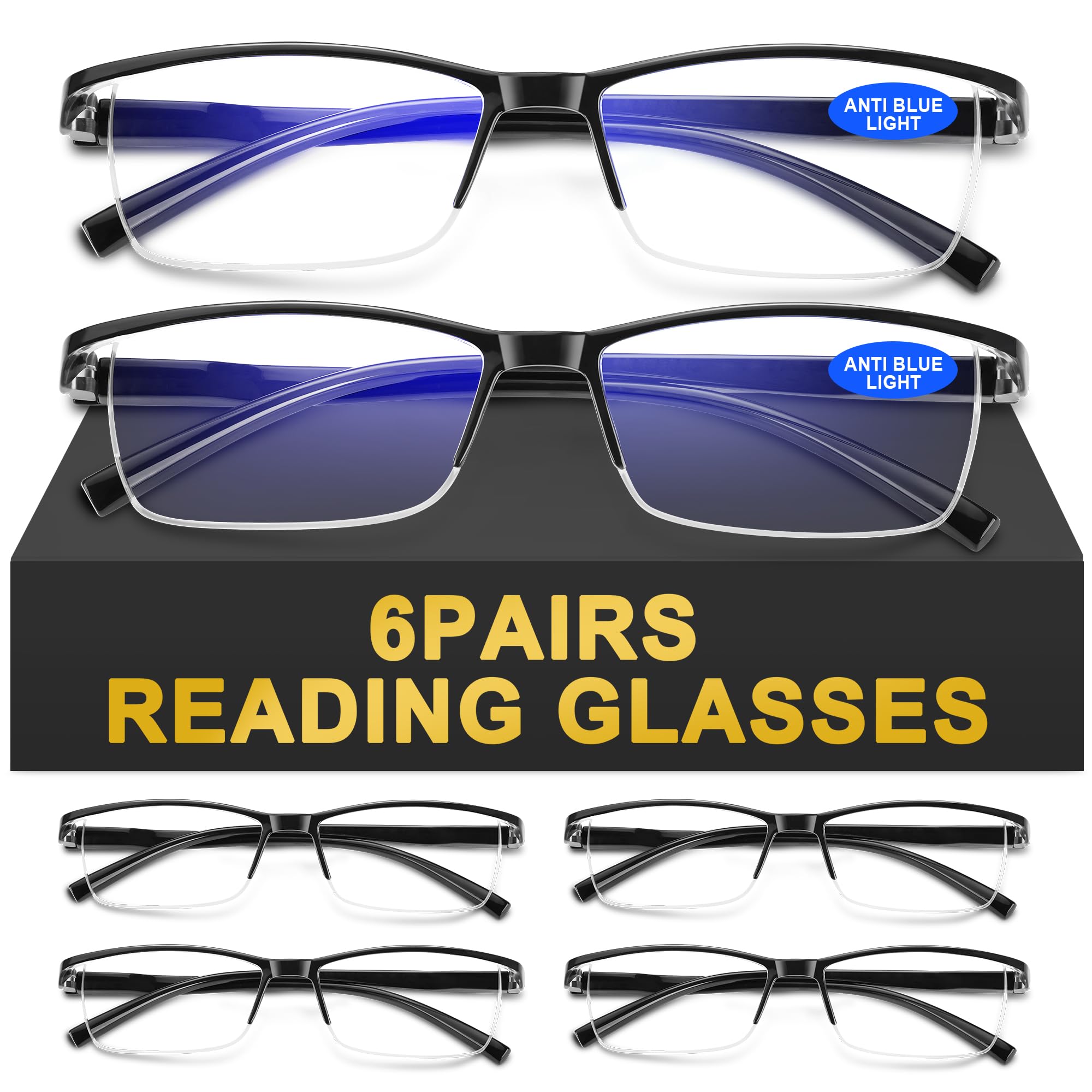 AIMISUV 6Pack Reading Glasses Men,Spring Hinge Blue Light Blocking Readers,Anti Eyestrain Computer Magnifying Eyeglasses