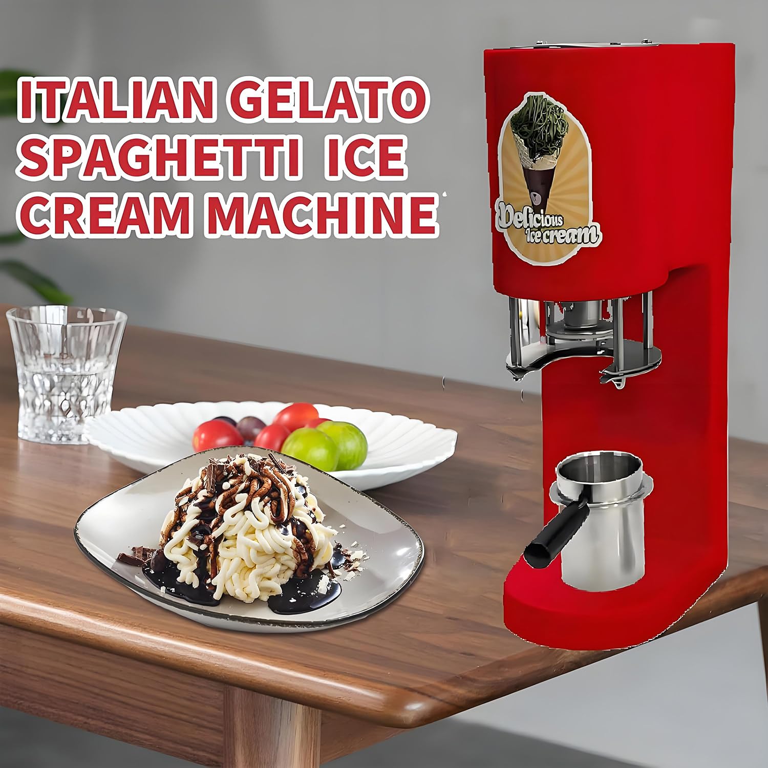 Macchina per Gelato Multiforme con 4 stampi intercambiabili, tramoggia da 420 ml/Acciaio Inossidabile/Avvio con 1 Pulsante, gelatiera Commerciale da 80 W per gelaterie e Negozi di Gelati Red