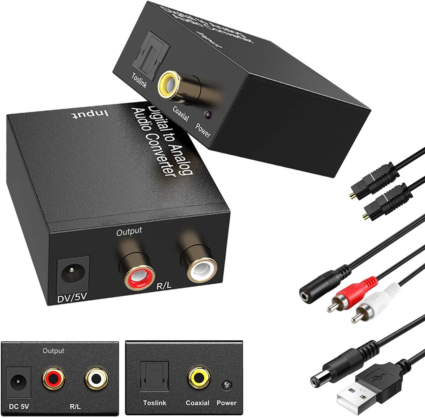 Toslink Digital to Analog Coaxial Audio Converter Adapter with Fiber Optic Cable, 3.5mm Audio Cable and USB Power Cable for PS3 HD DVD PS4 Amp Apple TV Home Cinema