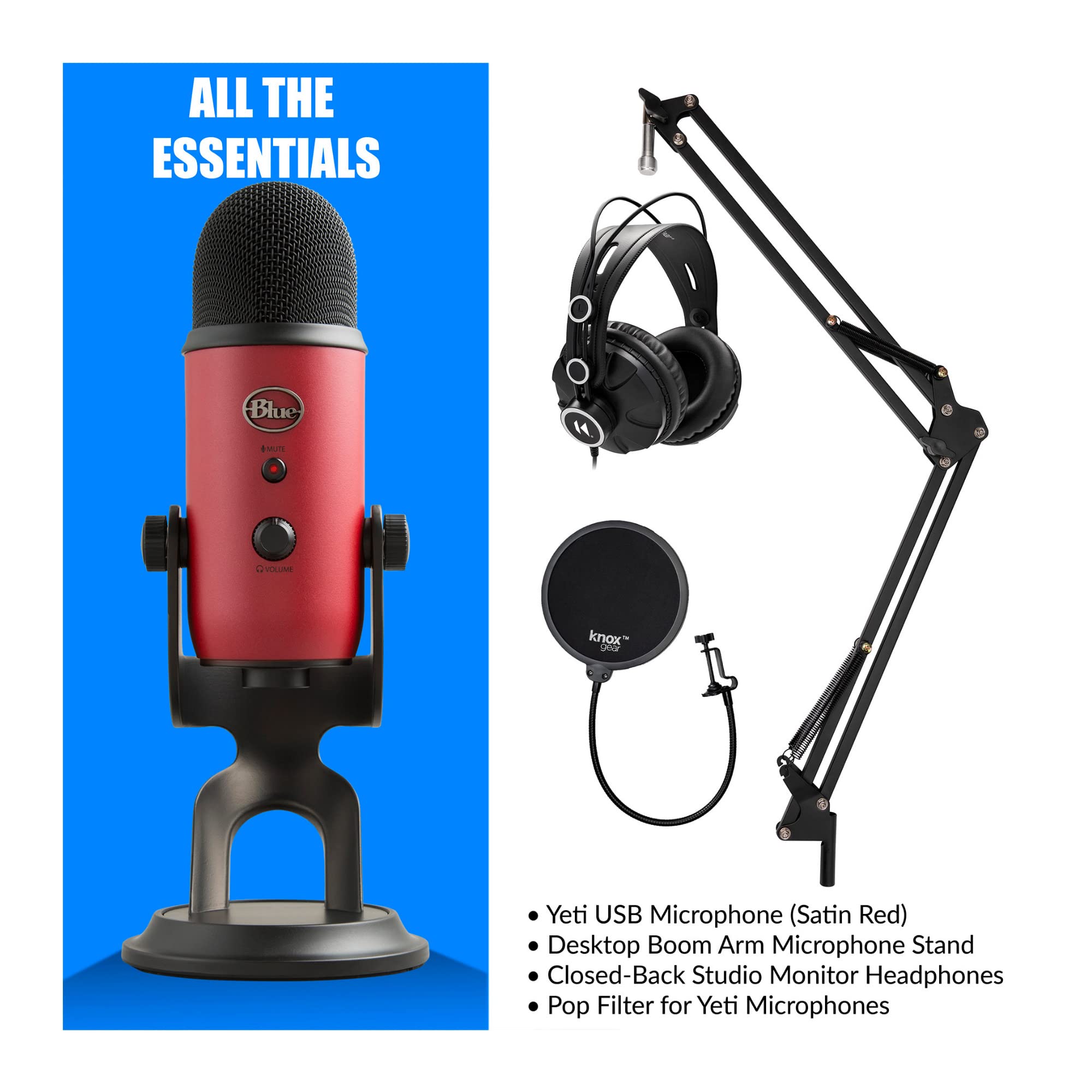 BLUE Yeti Red USB Microphone Bundle with Knox Studio Stand, Studio