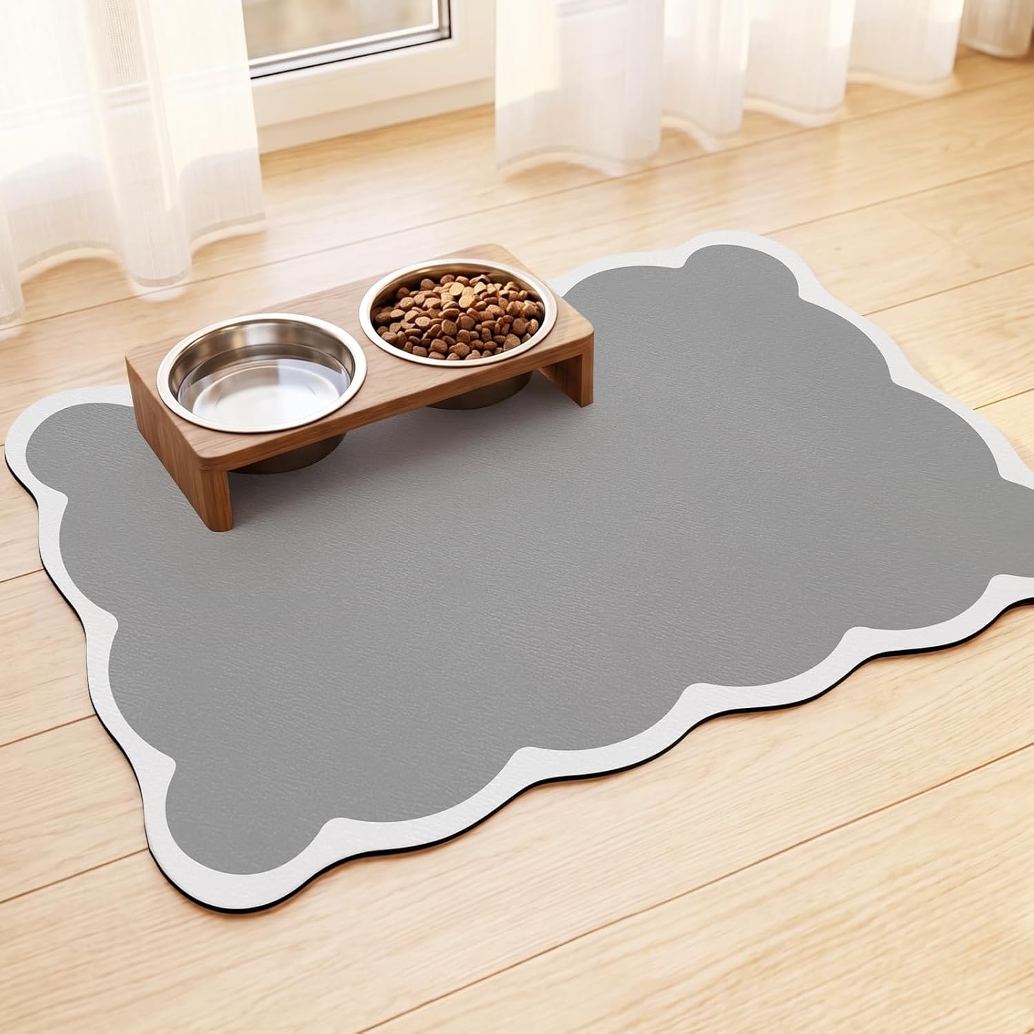 Scalloped Dog Food Mat, Grey, 20" x 12", for Cats and Dogs | Absorbent Dog Mat for Food and Water, Non-Slip Pet Bowl Mat with Rubber Backing, Helps Reduce Seepage, Easy to Clean