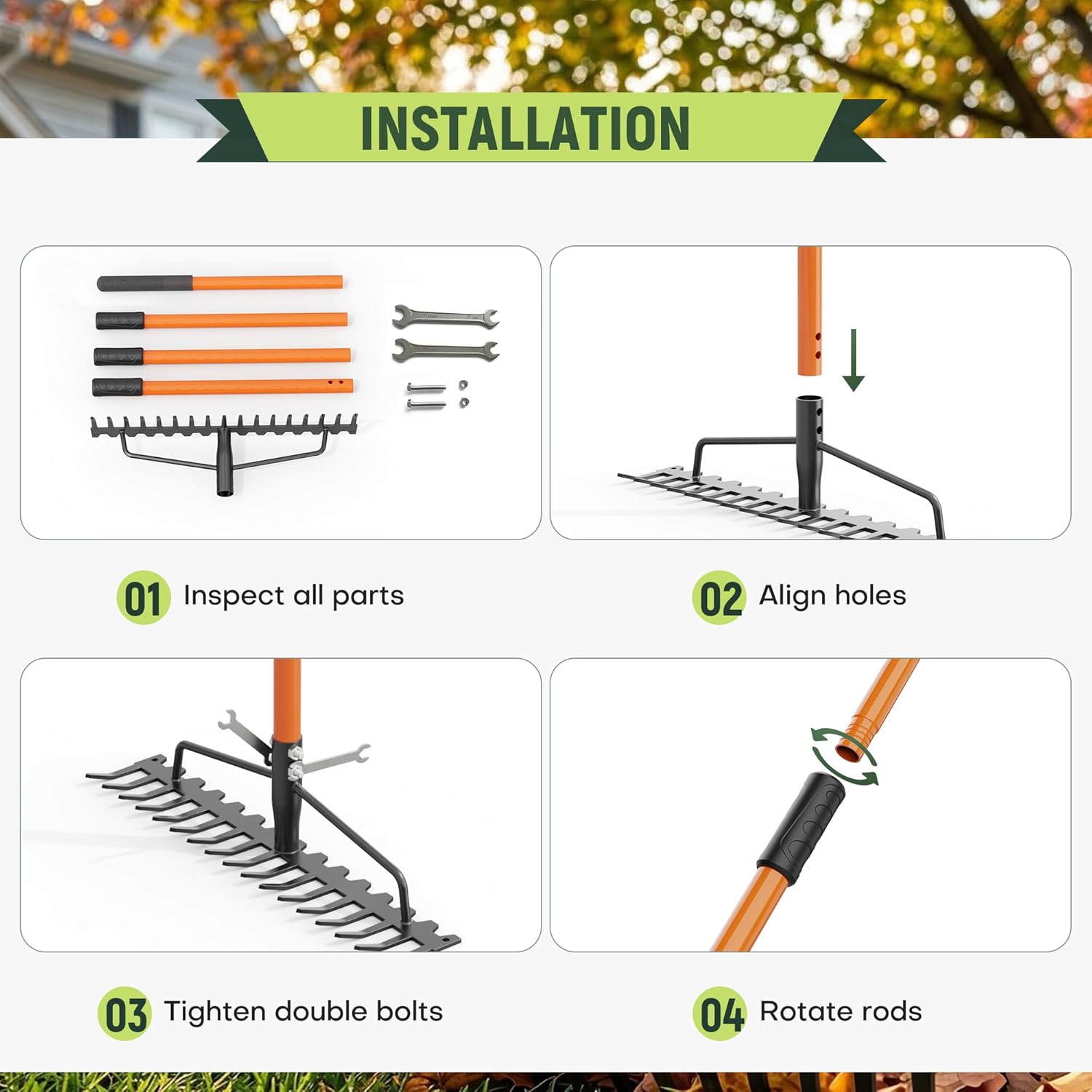 63" Heavy Duty Bow Rake with 17-Tine Metal Rake Head and Adjustable Handle, 17" Wide Steel Garden Rake for Lawn Care, Soil Loosening, Gravel & Rock Leveling, Leaf and Mulch Cleanup