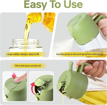 2Pack Glass Oil Sprayer for Cooking 16oz/470ml, 2 in 1 Oil Dispenser with Label Stickers & Portion Control, Kitchen Gadget for Air Fryer, Salad, BBQ, Frying(Black+Green)