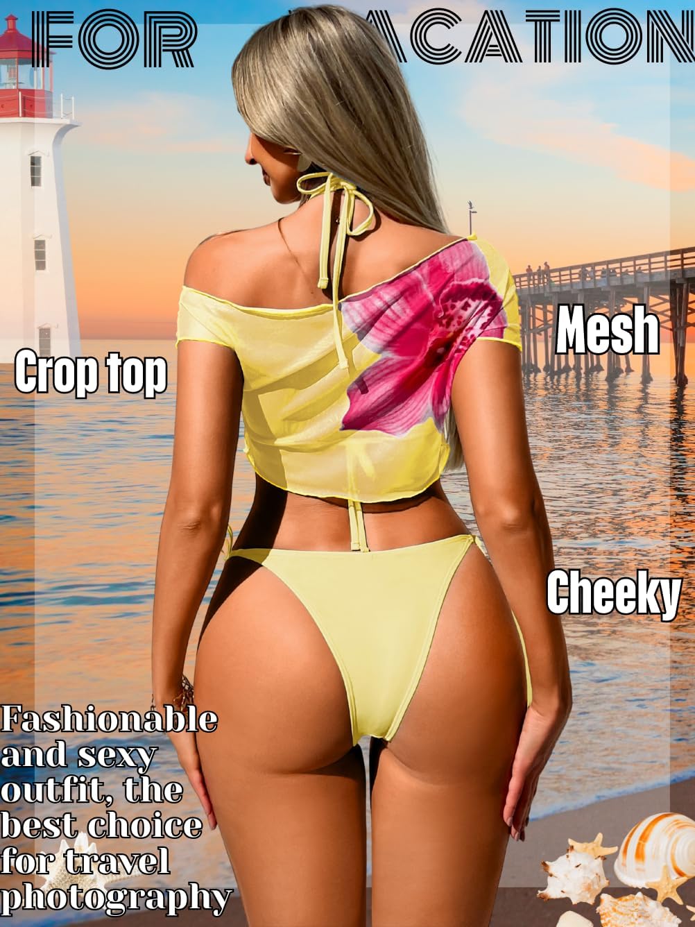 Women Sexy Floral 3 Piece Swimsuit, Halter String Cheeky Bikini Set Mesh Cover Up Crop Top, Bathing Suit Beach Outfit - Image 4