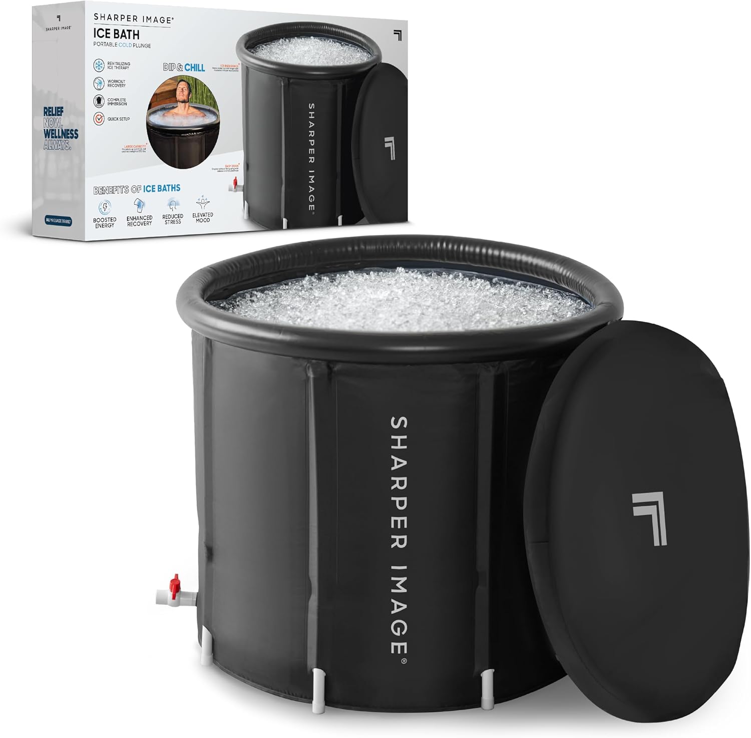 Sharper Image Insulated Ice Bath Cold Plunge Tub with Lid, 31.5" x 29.5", Portable Inflatable Bathtub, Helps Boost Energy & Muscle Recovery, Cold Therapy for Athletes & Adults up to 6'5" & 250 Lbs