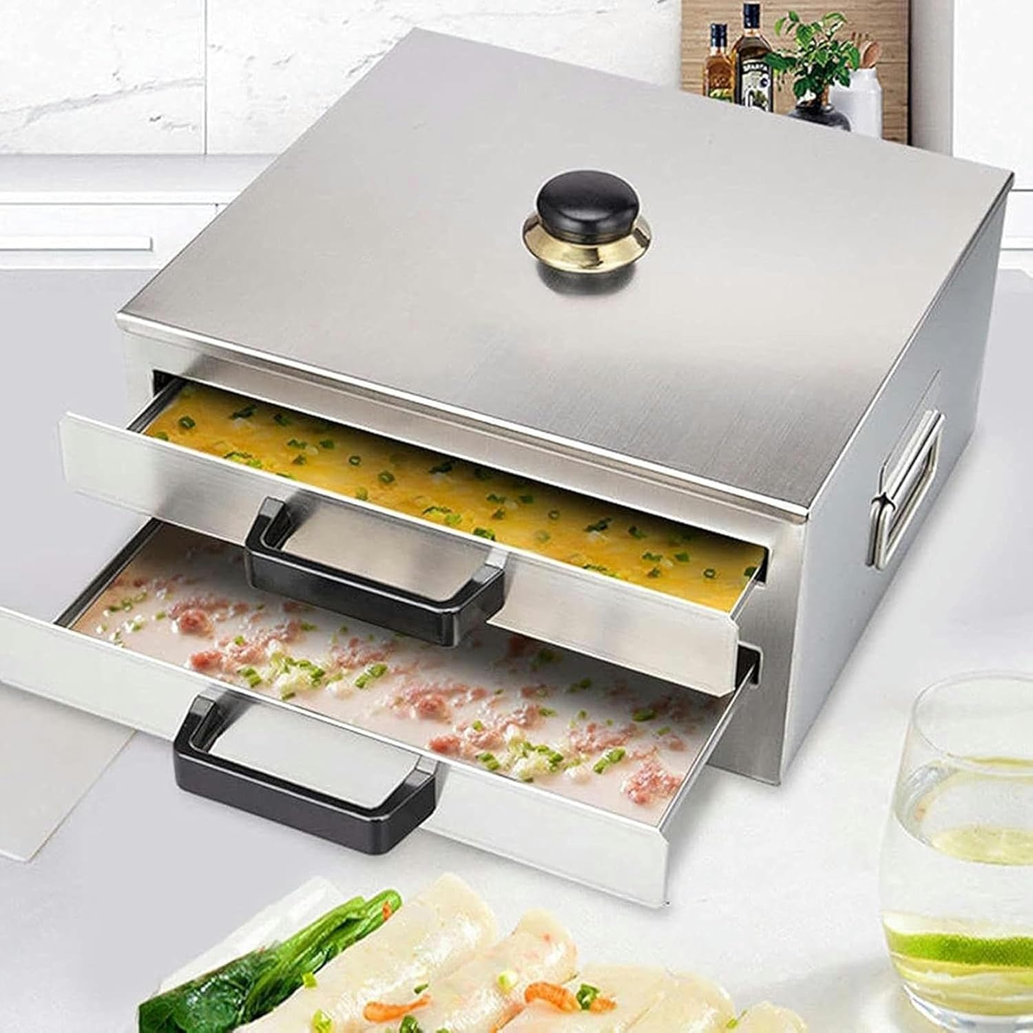 2-Layer Rice Noodle Rolls Machine, Openable Top Lid Rice Noodle Roll Food Steamer, Food Grade Stainless Steel Changfen Machine Cantonese Cuisine Roll Cooker, Household Roll Maker~/