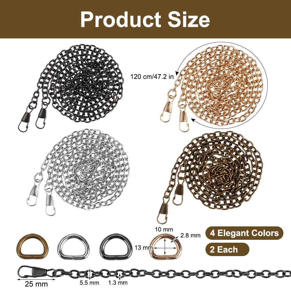 8 sztuk łańcuszków do torebki, 120 cm, odpinany łańcuszek do torebki z 16 metalowymi pierścieniami D, antyczny brąz, gunmetal, jasne złoto, srebrne łańcuszki do kopertówki, małych torebek, portfeli i