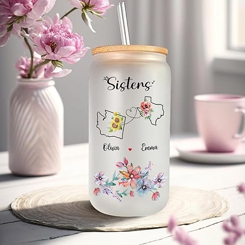 Miniatura 10 de Gossby Regalo de larga distancia para mejores amigas, vaso de vidrio personalizado de 16 onzas para mujeres con popote, tapa, amistad personalizada,