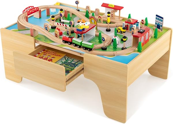 COSTWAY 84-teiliges Kinder Eisenbahn Set, Spieltisch aus Holz mit umkehrbarer & abnembarer Tischplatte und Schublade, Holzeisenbahn Zug Spielzeug für Kinder ab 3 Jahre (84 teilig) - 1