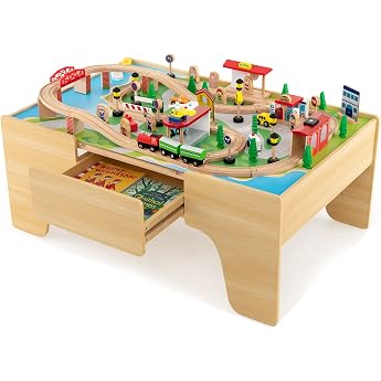 COSTWAY 84-Piece Children's Railway Set Wooden Play Table with Reversible & Removable Table Top and Drawer Wooden Train Toy for Children from 3 Years 84 Pieces
