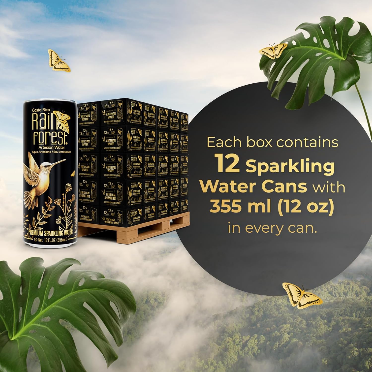 Rainforest Sparkling Water Cans | Pallet – 12 Boxes, Each with 12 Cans (355 ml Each) | Crisp Carbonated Water for Pure Refreshment | Naturally Sourced Drinking Water in Eco-Friendly Packaging
