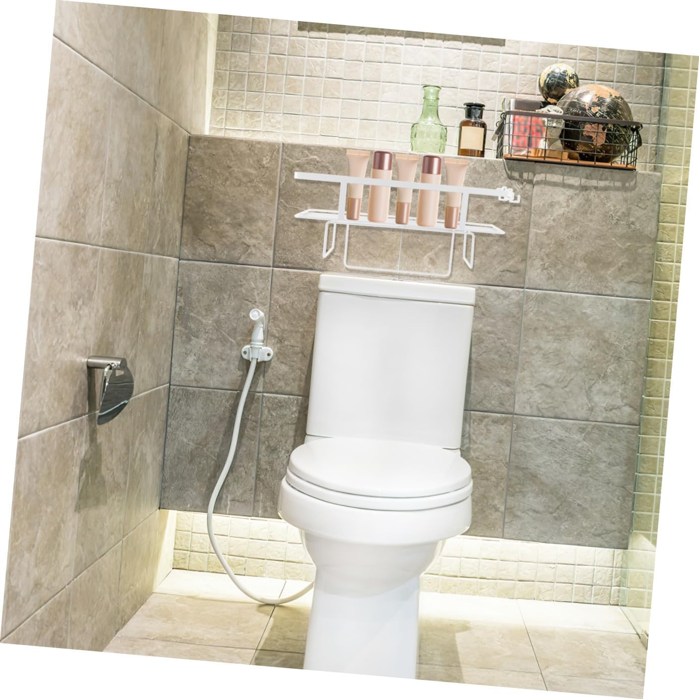 Over Toilet Storage Rack Iron Bathroom Organizer Multi-Functional Space Saver for Sundries and Towels No Drilling Required for Bathrooms and Washrooms Single Layer White