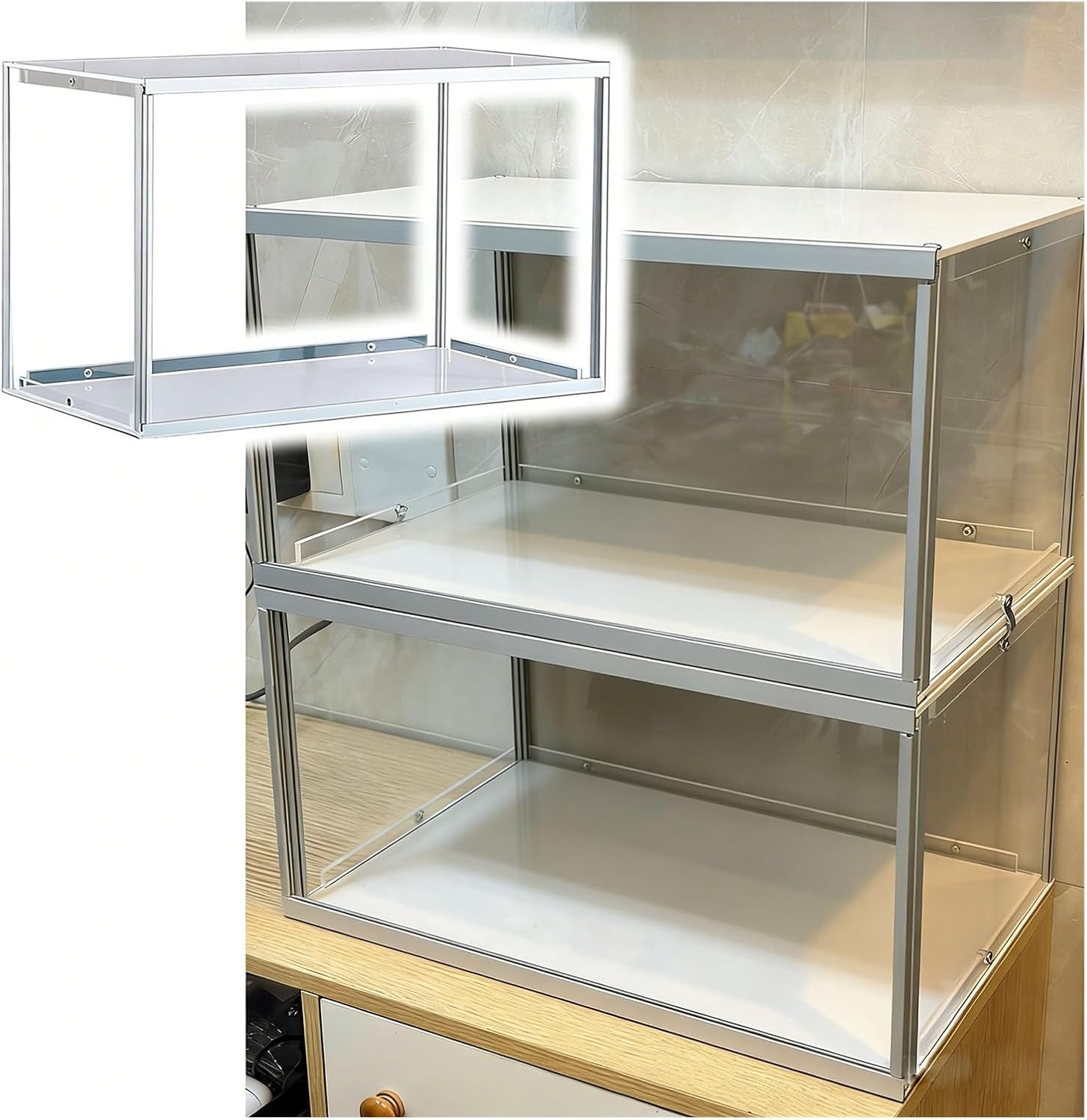 Stackable Acrylic Display Case with Sliding Door for Models, Clear Dustproof Storage Boxes Waterproof, Squre Rectangle Organizer Cubes Bins White Base(20x14x23in/50x35x60cm)